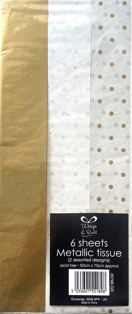 6 Sheets of Metallic Gold and White Tissue Paper Variety by Eurowrap UK - Wrap & Roll
