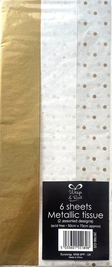 6 Sheets of Metallic Gold and White Tissue Paper Variety by Eurowrap UK - Wrap & Roll