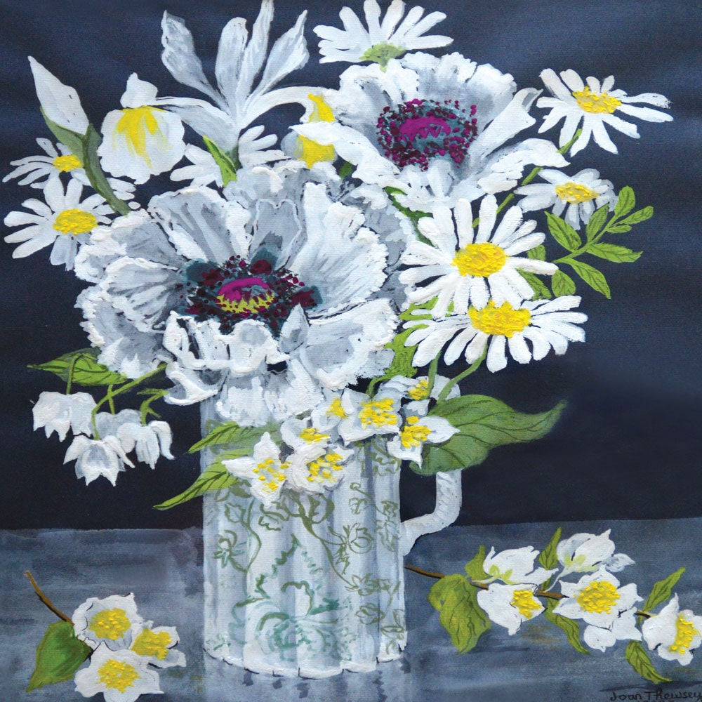 White Poppies Marguerites & Philadelphus in Vase - Fine Art Blank Greeting Card