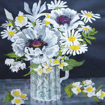 White Poppies Marguerites & Philadelphus in Vase - Fine Art Blank Greeting Card