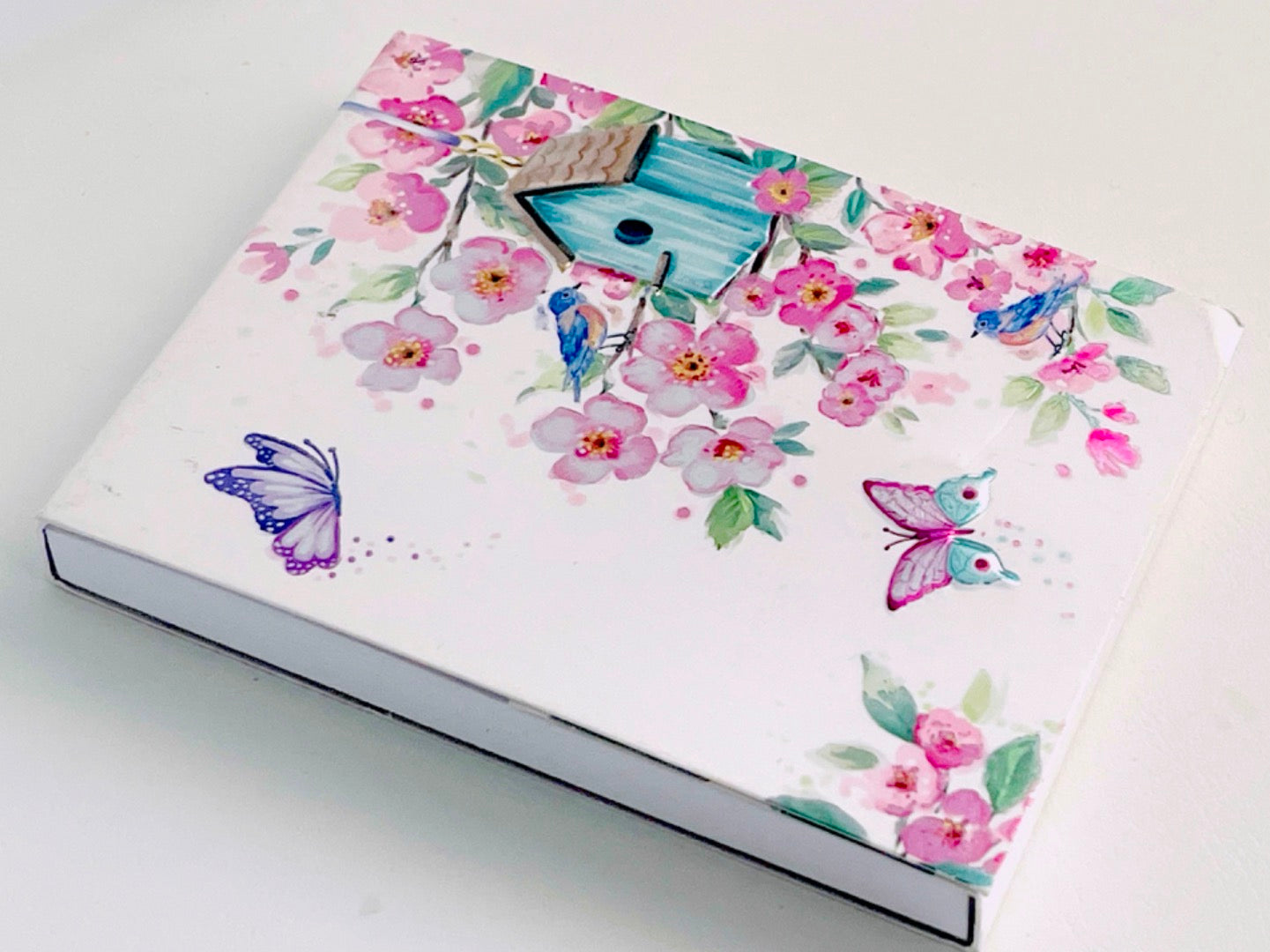 Pocket Florals Notepad with Magnetic Closure Plain Pages - Spring Blossoms Birdhouse and Butterflies