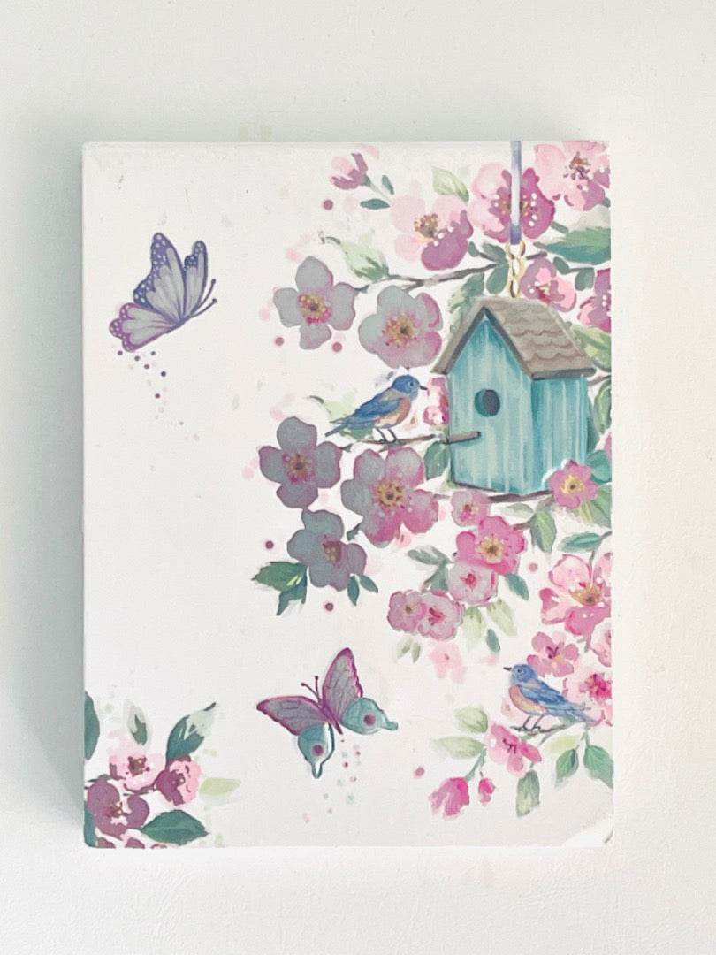 Pocket Florals Notepad with Magnetic Closure Plain Pages - Spring Blossoms Birdhouse and Butterflies