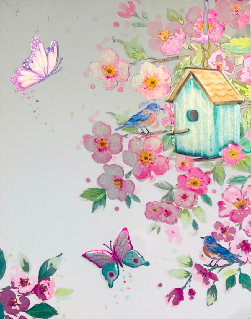 Pocket Florals Notepad with Magnetic Closure Plain Pages - Spring Blossoms Birdhouse and Butterflies