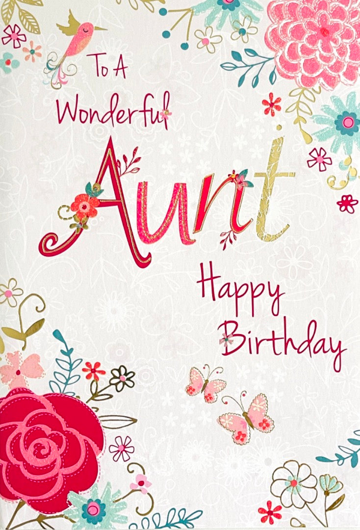 Wonderful Aunt Happy Birthday Modern Contemporary Card - Hummingbird Butterflies Flowers