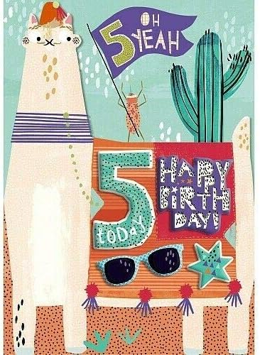 Oh Yeah 5 today 5th Happy Birthday Card with Stickers Cool Llama Bug Cactus