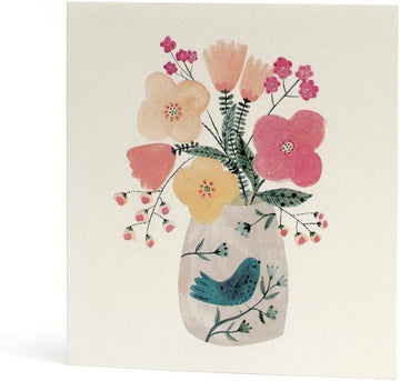 Happiness Watercolour Print Flower Bouquet in a Blue Bird Vase Art Blank Card for any Occasion