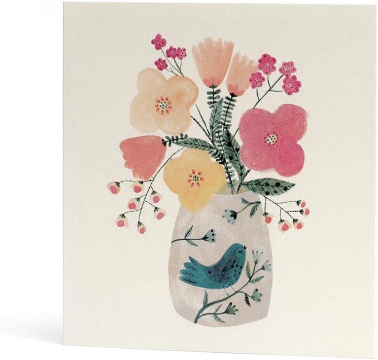 Happiness Watercolour Print Flower Bouquet in a Blue Bird Vase Art Blank Card for any Occasion