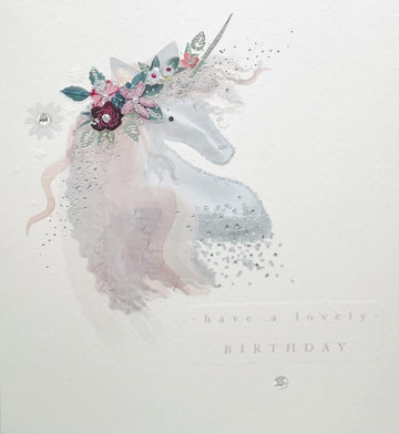 Elegant Watercolour Art Unicorn with Flowers - Have A Lovely Birthday - Blank Greeting Card with Crystal Embellishment