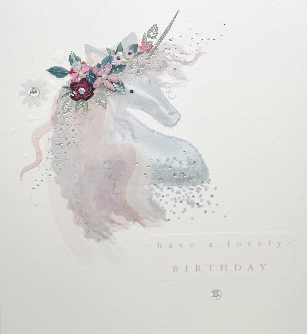 Elegant Watercolour Art Unicorn with Flowers - Have A Lovely Birthday - Blank Greeting Card with Crystal Embellishment