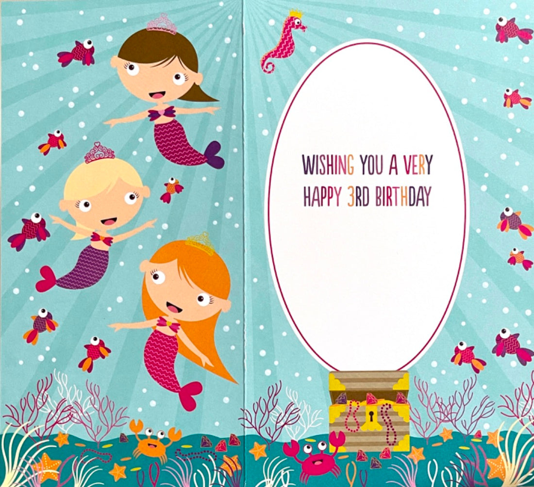 Girl 3 Happy 3rd Birthday Card - Three Mermaids with Treasure Chest Gems Under The Sea Age 3