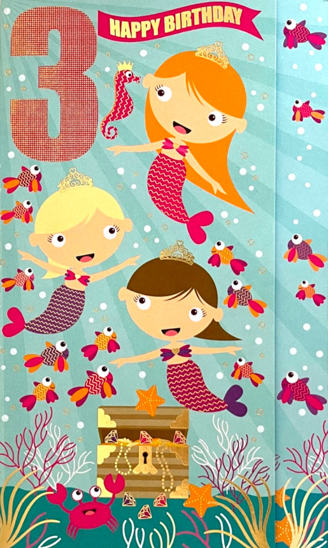 Girl 3 Happy 3rd Birthday Card - Three Mermaids with Treasure Chest Gems Under The Sea Age 3