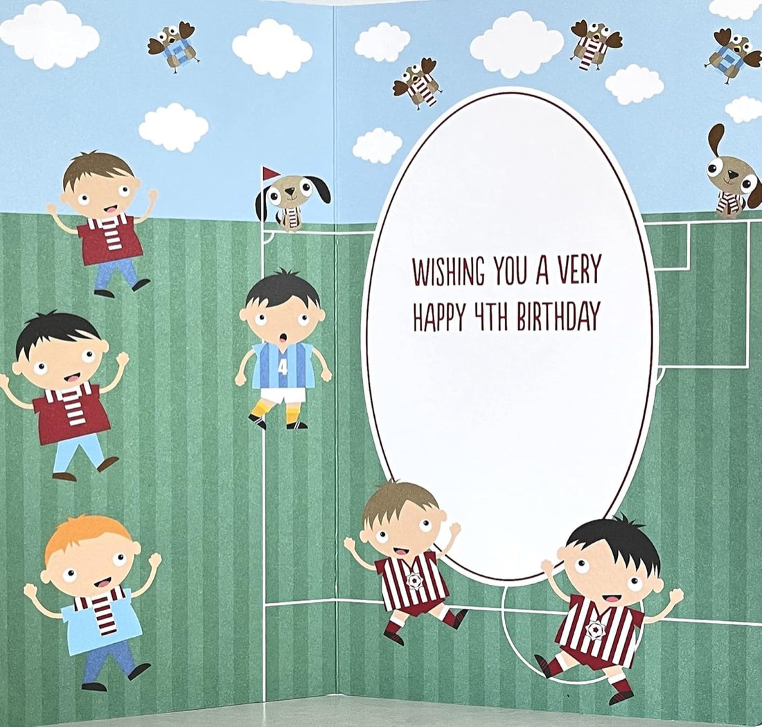 Boy 4 Happy 4th Birthday Card - Football Score, Goal, Shot, Footballers, Dog and Birds Age 4