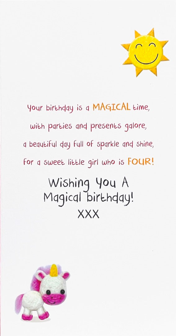 Fab You're 4 Happy 4th Magical Birthday Card - Felt Unicorn Sunshine Flowers and Cupcake Age 4 Girl