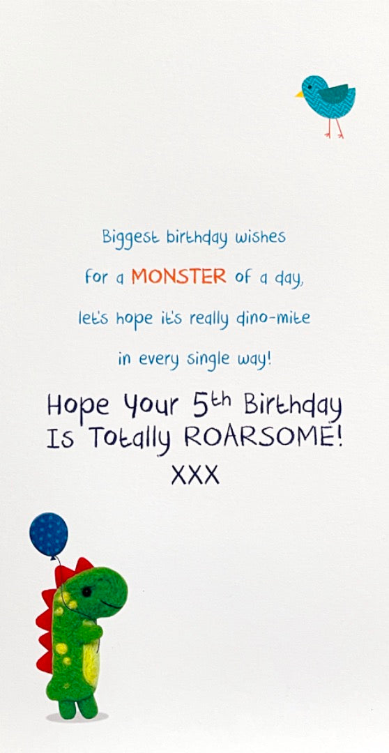 Cool You're 5 Happy 5th Roarsome Birthday Card - Felt Dinosaur Balloon and Gifts Age 5 Boy