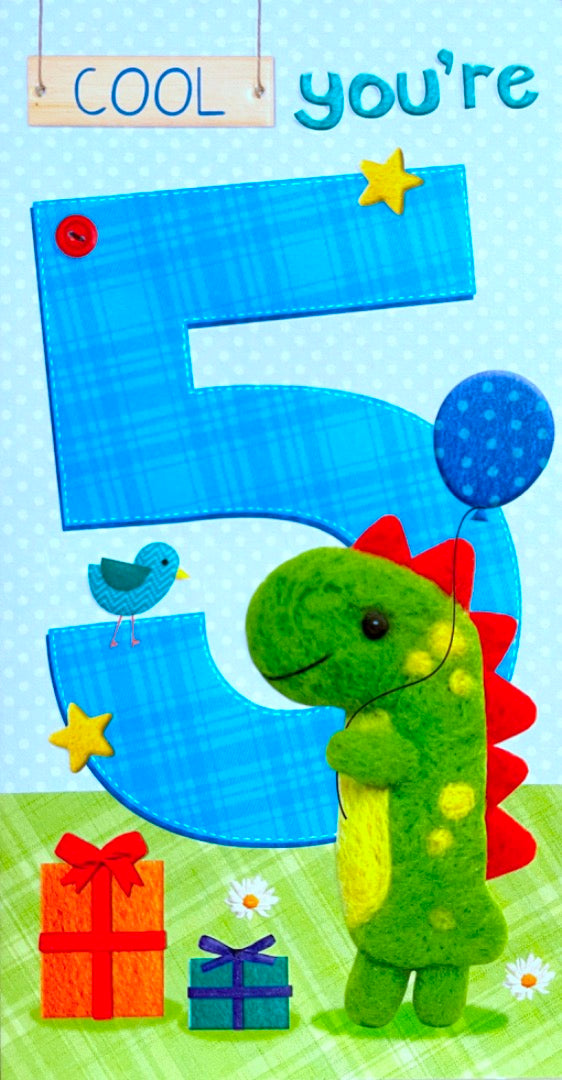 Cool You're 5 Happy 5th Roarsome Birthday Card - Felt Dinosaur Balloon and Gifts Age 5 Boy