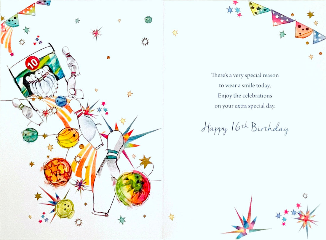 Happy 16th Birthday Greeting Card Ten Pin Bowling Strike Colourful Art