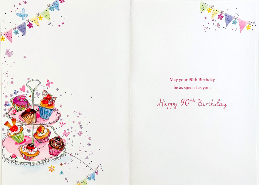 It's Your 90th Birthday Greeting Card - Cupcakes and Sparkle Foil Glitter Art