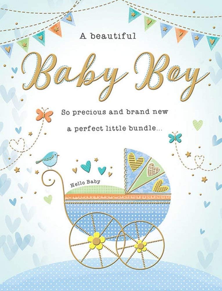 A Beautiful Baby Boy Birth Congratulations Card - Pram Buntings and Blue Bird