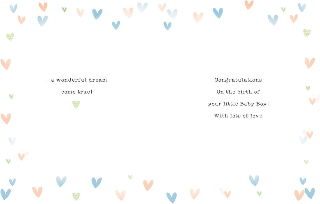 A Beautiful Baby Boy Birth Congratulations Card - Pram Buntings and Blue Bird
