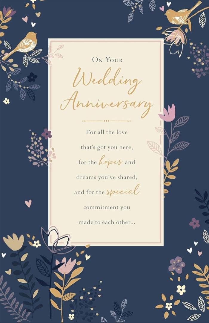 On Your Wedding Anniversary Card - Love Birds and Flowers Luxury Foil and Glitter Art