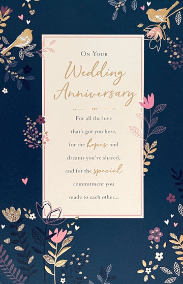 On Your Wedding Anniversary Card - Love Birds and Flowers Luxury Foil and Glitter Art