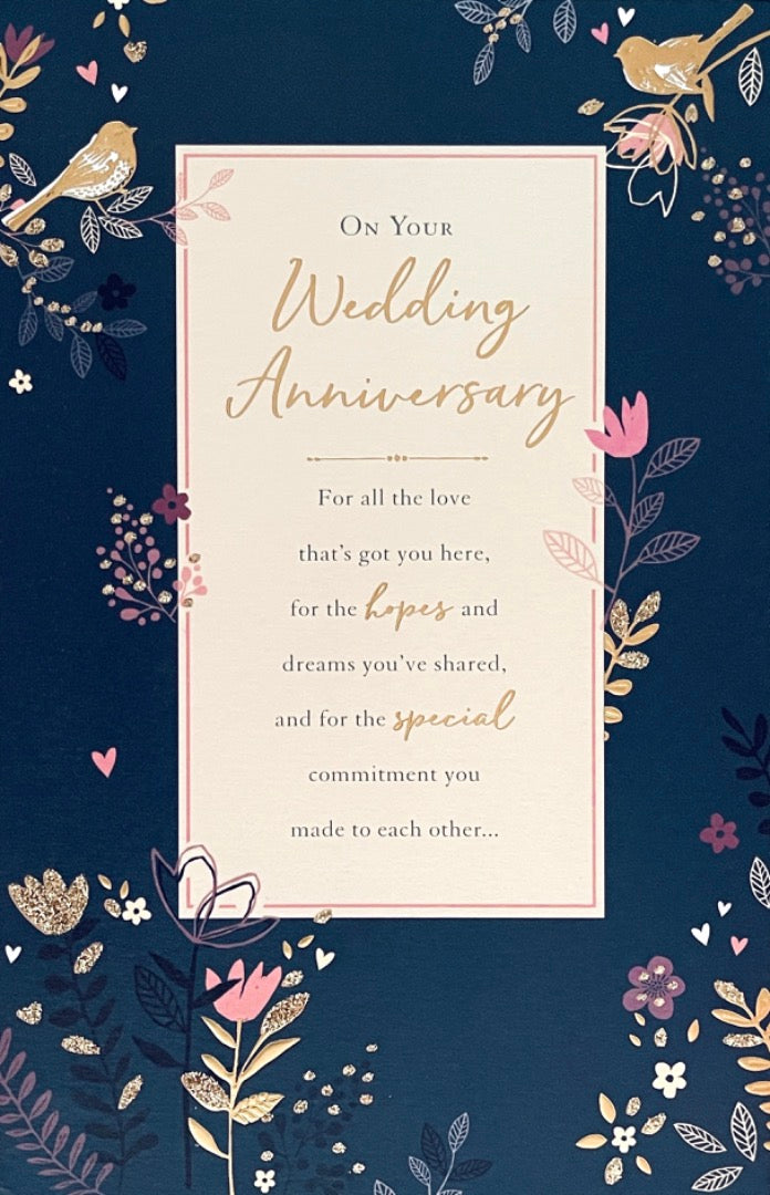 On Your Wedding Anniversary Card - Love Birds and Flowers Luxury Foil and Glitter Art