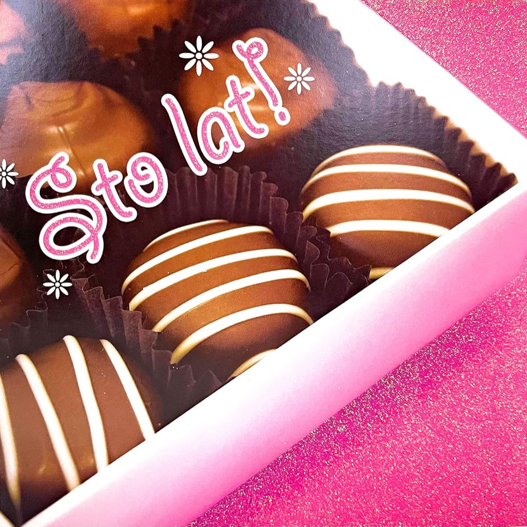 Sto lat Luxury Greeting Blank/ Birthday Card with Glitter Box Of Chocolates - Polish Celebration