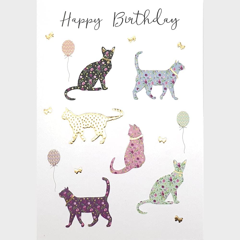 Elegant Cats Kittens Balloons and Butterflies Happy Birthday Card Gold Foil Emboss