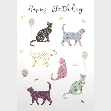 Elegant Cats Kittens Balloons and Butterflies Happy Birthday Card Gold Foil Emboss