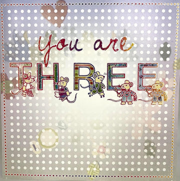 You Are THREE 3rd Birthday Blank Card Cute Little Mice with Emboss Flitter Art - Age 3