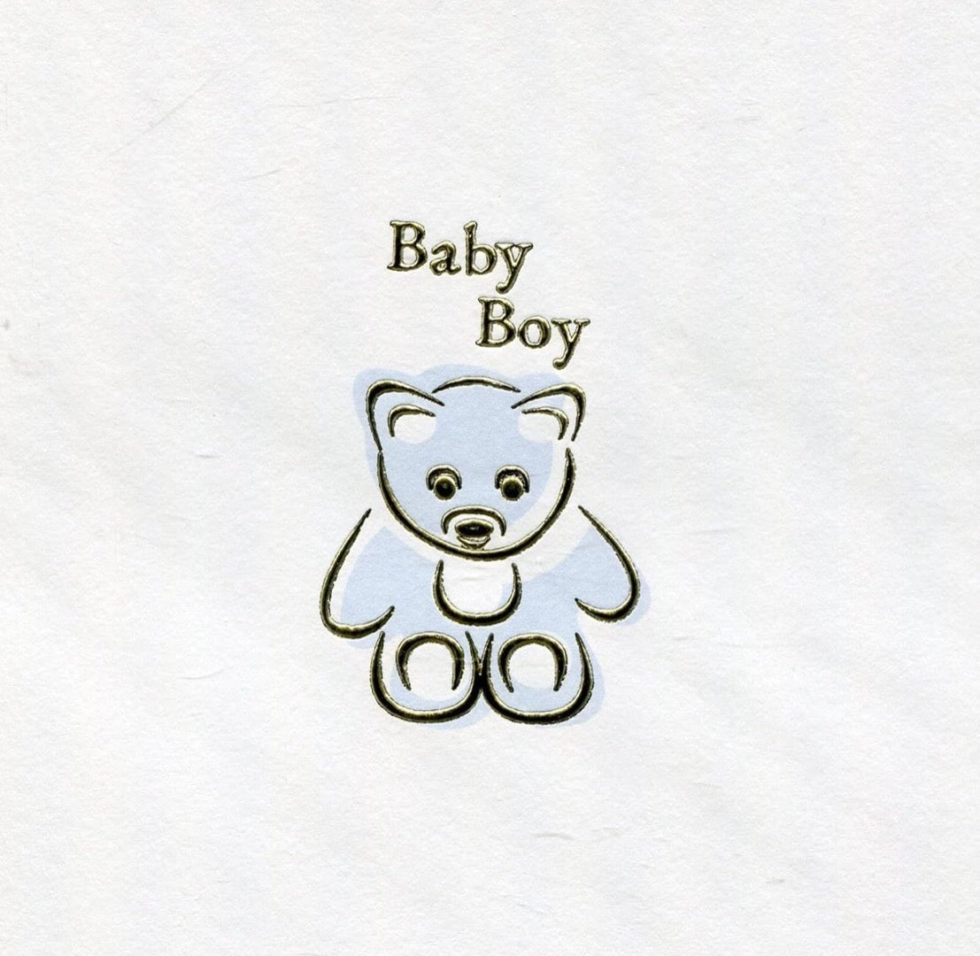 Baby Boy Blank Card - Cute Blue Teddy Bear with Gold Foil Emboss - Birth Congratulations