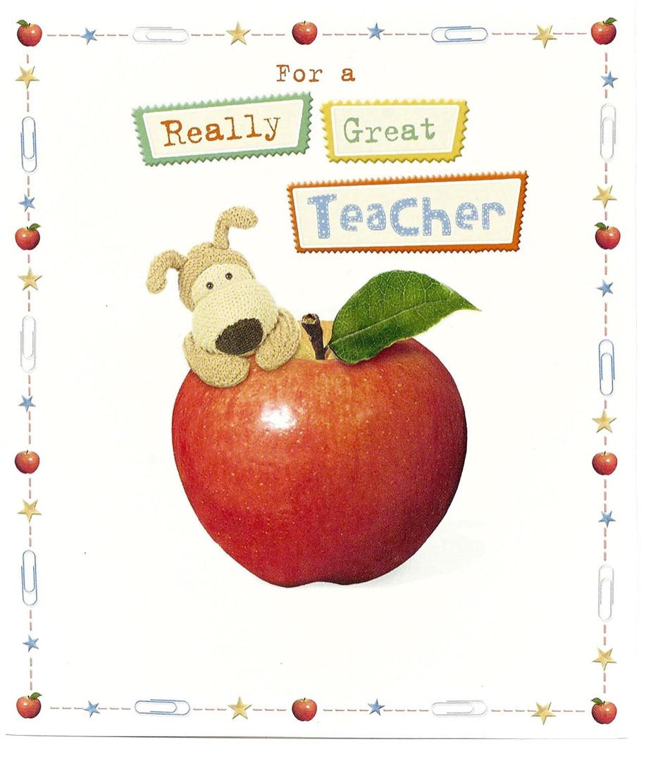 For A Really Great Teacher Thank You So Much Card - Adorable Boofle Dog Climbing on Giant Red Apple