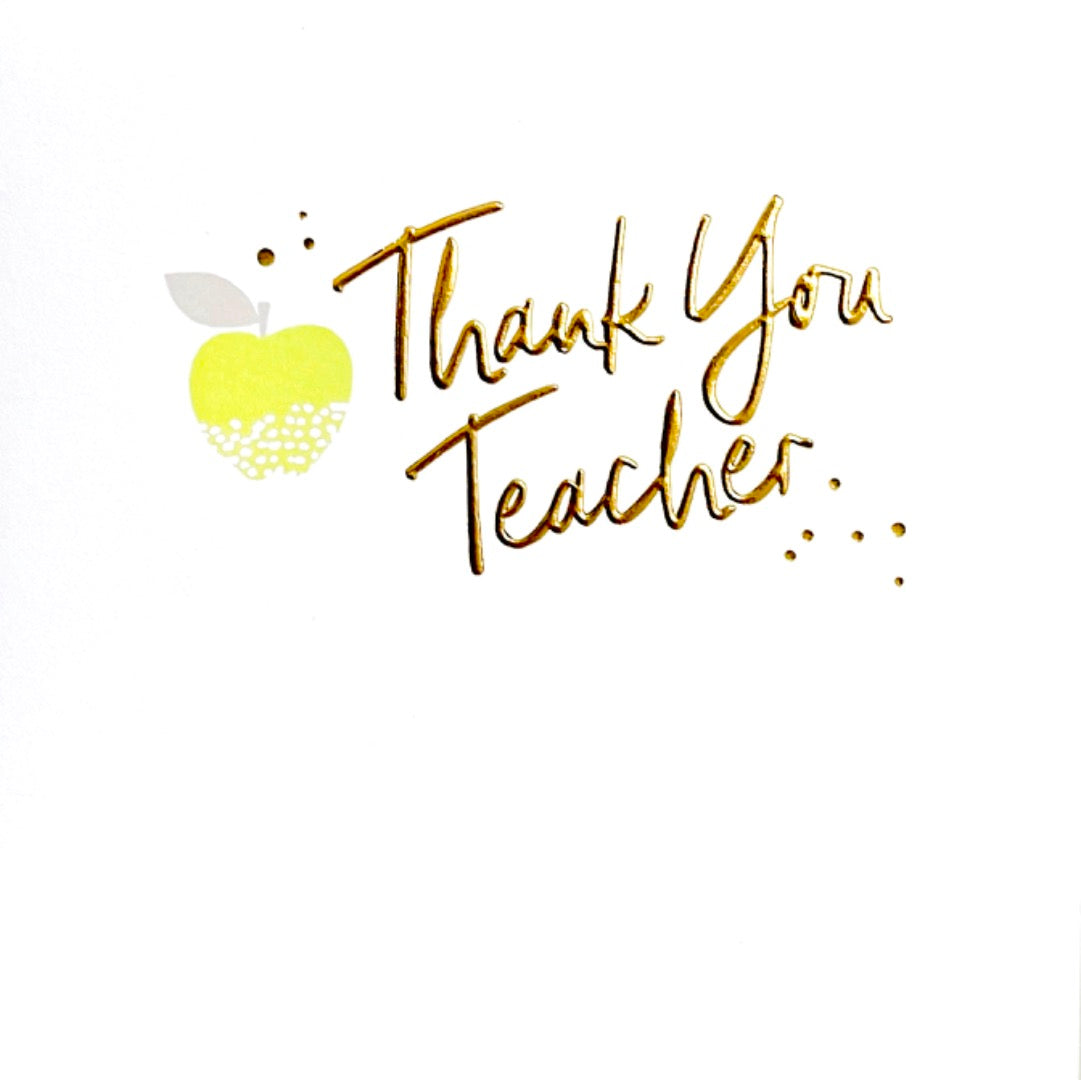 Thank You Teacher Blank Greeting Card - Green Apple Art Gold Foil Emboss