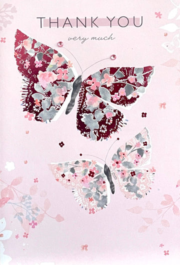 Thank You Very Much Greeting Card - Pink Watercolour Butterflies Art Soft Silhouette