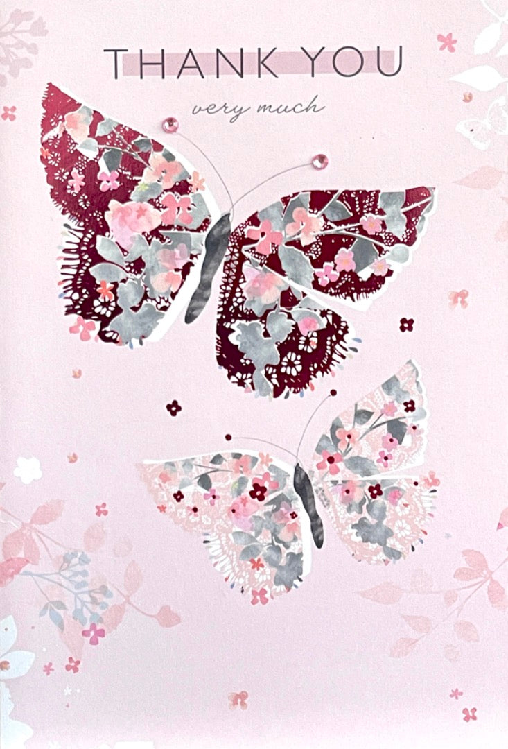 Thank You Very Much Greeting Card - Pink Watercolour Butterflies Art Soft Silhouette