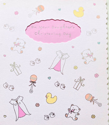 On Your Daughter's Christening Day Card - Baby Pink Romper, Booties, Rattle, Teddy, Duck Gifts