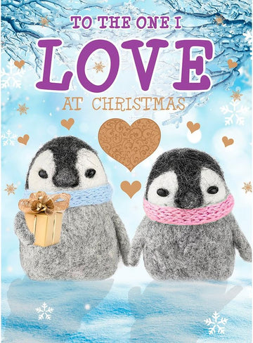 To The One I Love at Christmas Extra Large Card - Cute Felt Penguin Couple - Glitter and Foil Emboss Magic