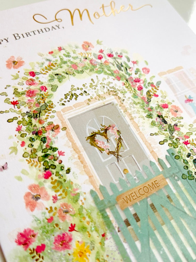 Mother Happy Birthday Card with Lovely Verse - Pretty House with Flower Garden Art