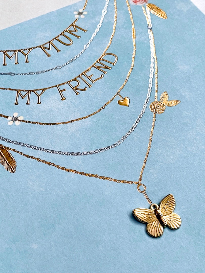 My Mum My Friend Birthday Card - Gold Silver Necklace Jewelry with Butterfly Charm Contemporary Modern Art