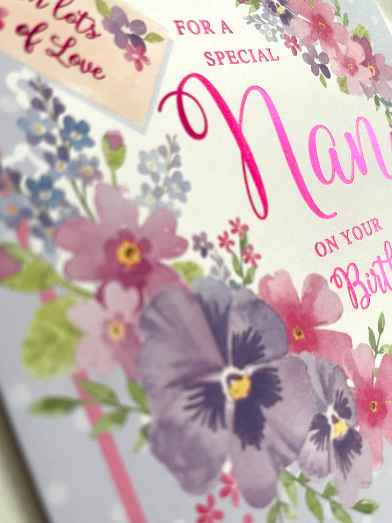 For A Special Nan With Love Birthday Card - Purple Pansy Floral Watercolour Art