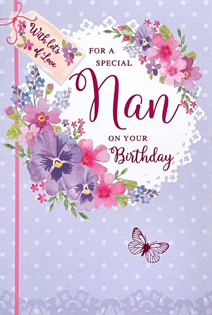 For A Special Nan With Love Birthday Card - Purple Pansy Floral Watercolour Art