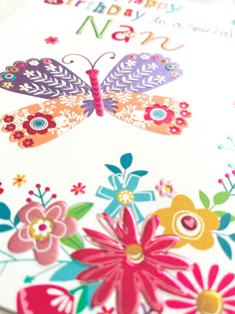 Special Nan Sending Lots of Love Birthday Card Foil Embossed Butterfly Flower Art
