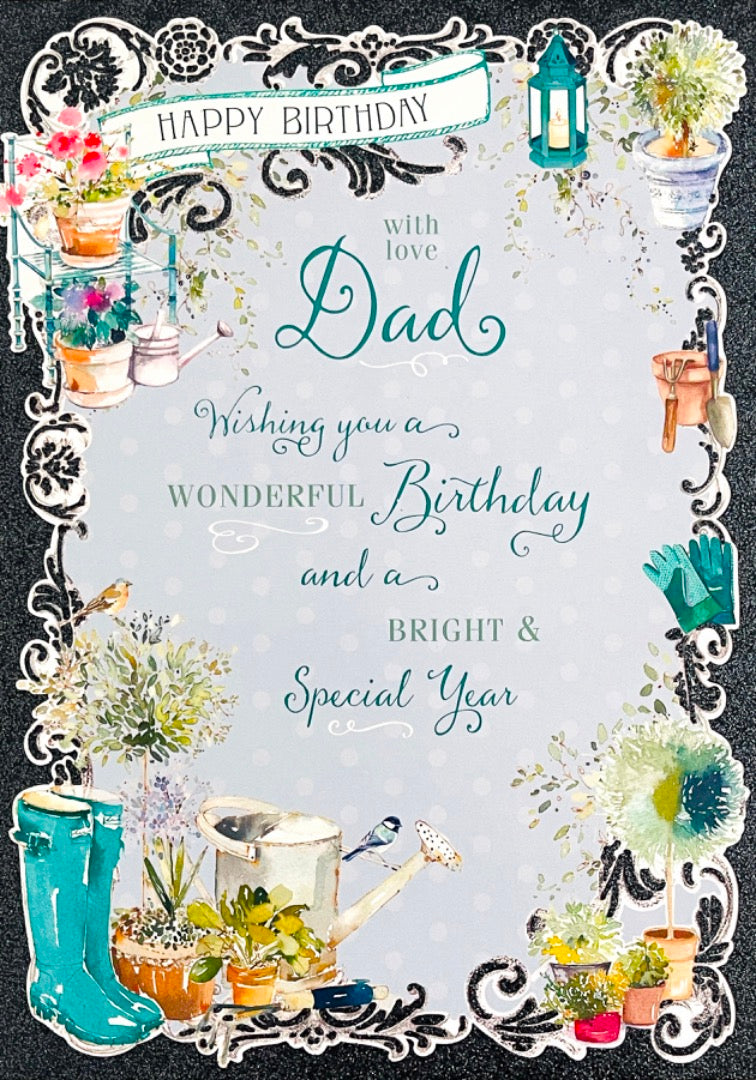 Dad Happy Birthday with Love Card - Lovely Verse - Gardening Watercolour Art