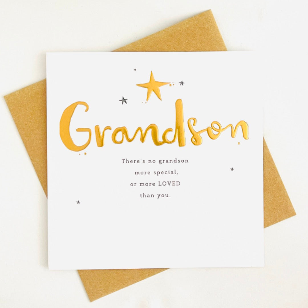 Grandson Special Loved Happy Birthday Card Gold Foil Embossed Star Modern Contemporary Art