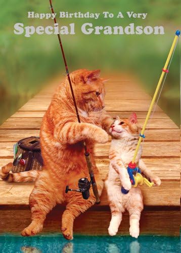 Special Grandson Happy Birthday Funny Humour Card Ginger Cat and Kitten Fishing