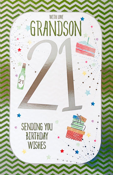 With Love Grandson Happy 21st Birthday Card Age 21 Cake Gifts Drink Stars