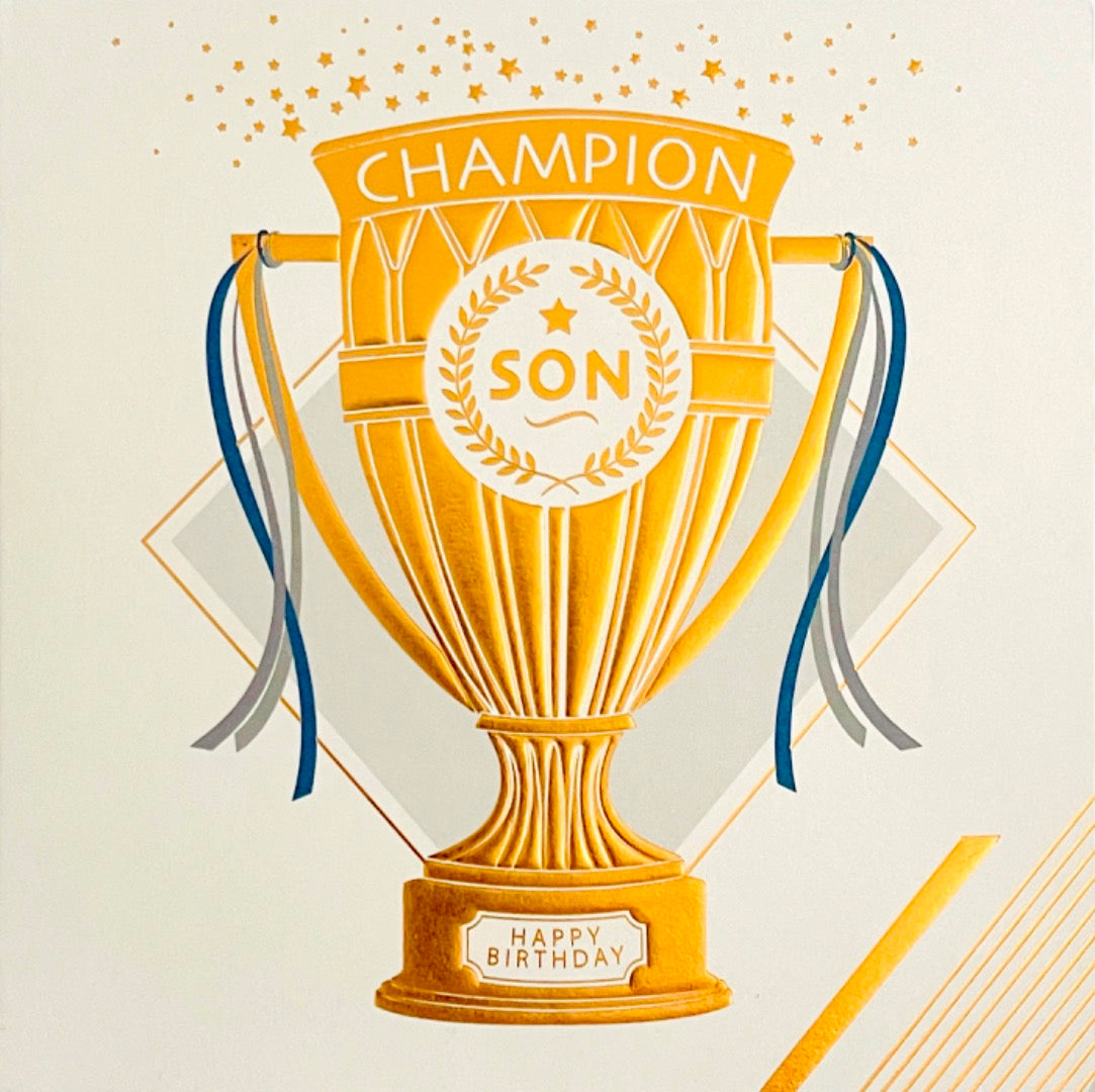 Champion Son Happy Birthday Blank Card Gold Foil Trophy Stars Modern Contemporary Art