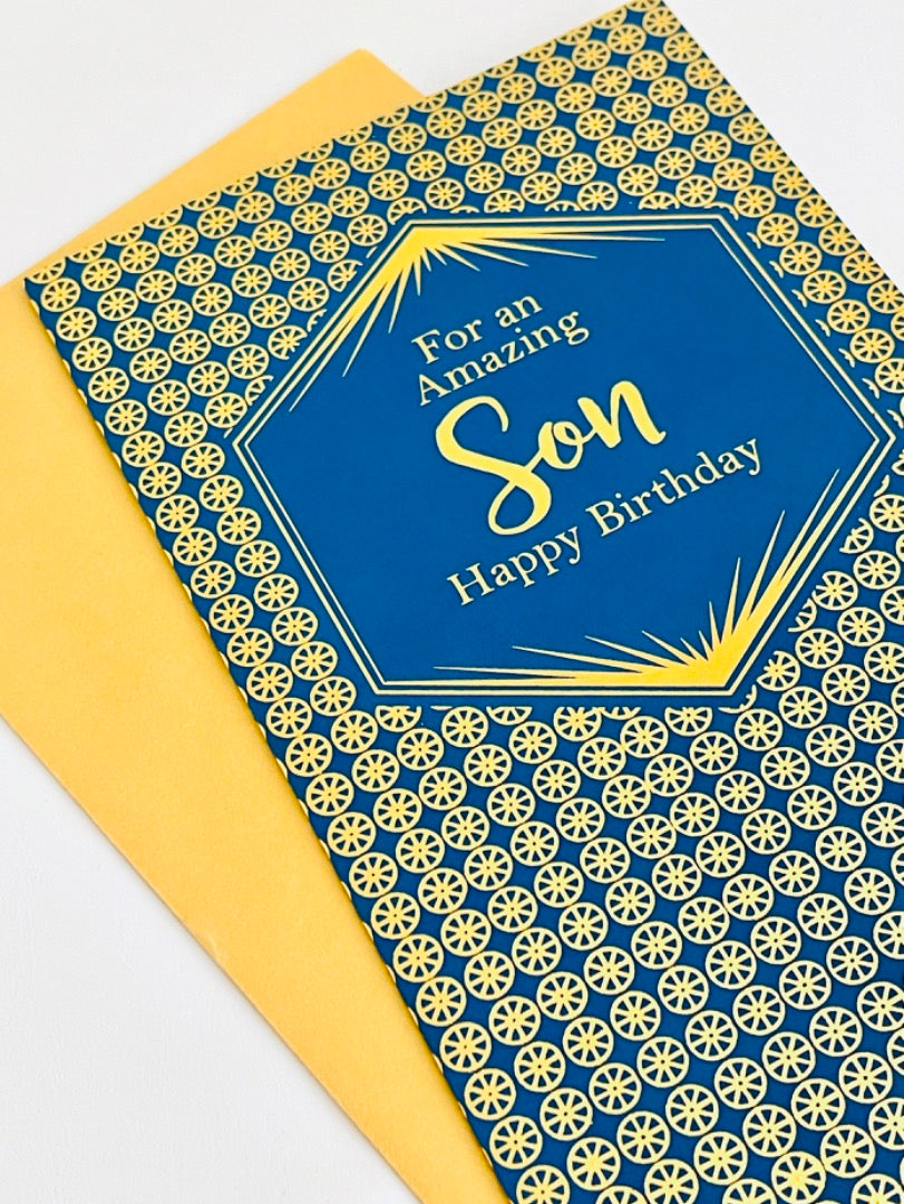 For An Amazing Son Happy Birthday Card Lovely Verse - Gold Foil Geometric Art Deco Design