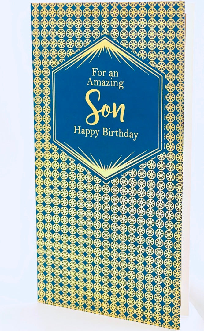 For An Amazing Son Happy Birthday Card Lovely Verse - Gold Foil Geometric Art Deco Design