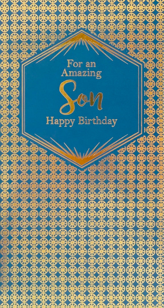 For An Amazing Son Happy Birthday Card Lovely Verse - Gold Foil Geometric Art Deco Design
